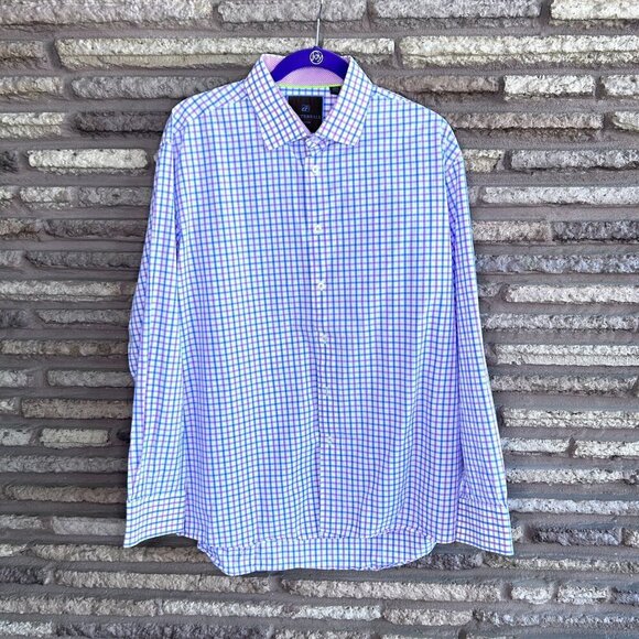 Tattersall London Pink Blue Plaid Check Spread Collar Dress Shirt Size 17 34/35 - Picture 8 of 9